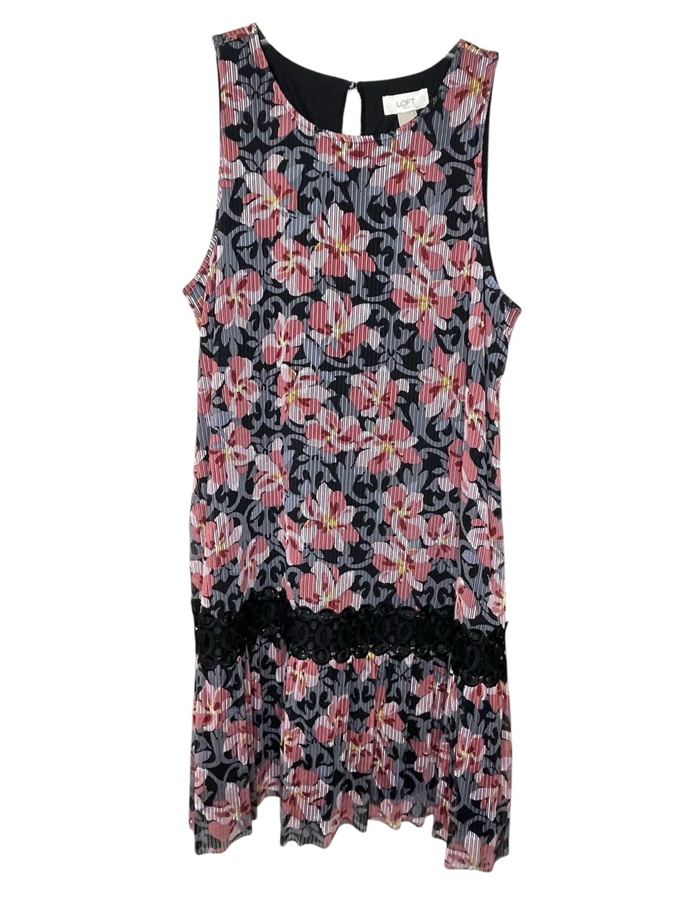 Sleeveless Floral Pleated Dress with Lace Trim - Pink & Black Sz 12